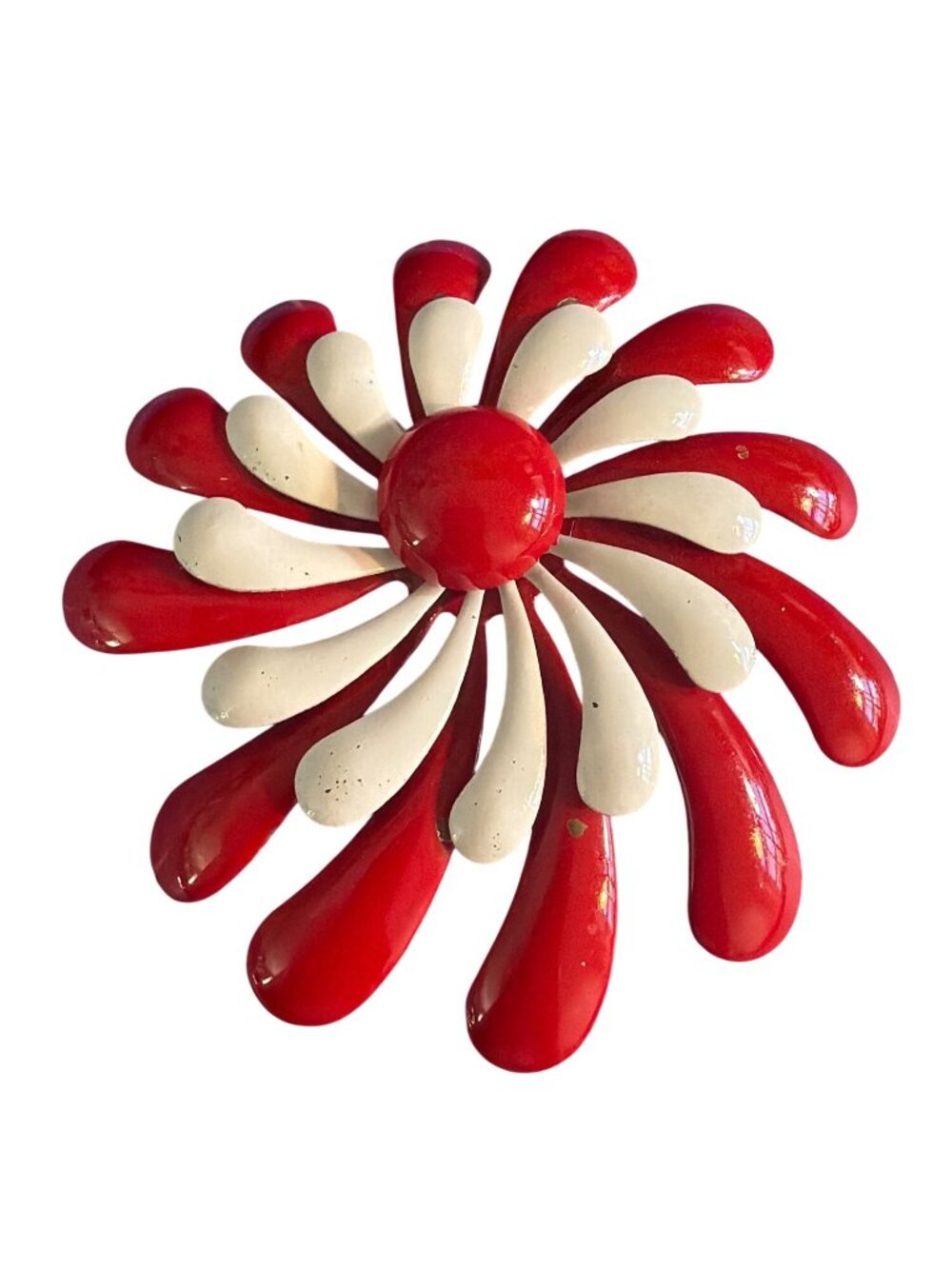 Vintage Red White Enameled Flower Power Brooch Pin Retro 1960s Floral Estate 3"